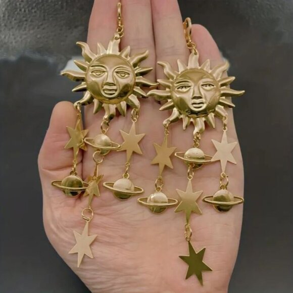 Private Label Jewelry - NEW Gold Solar System Sun Planet Stars Large Brass Dangle Statement Earrings